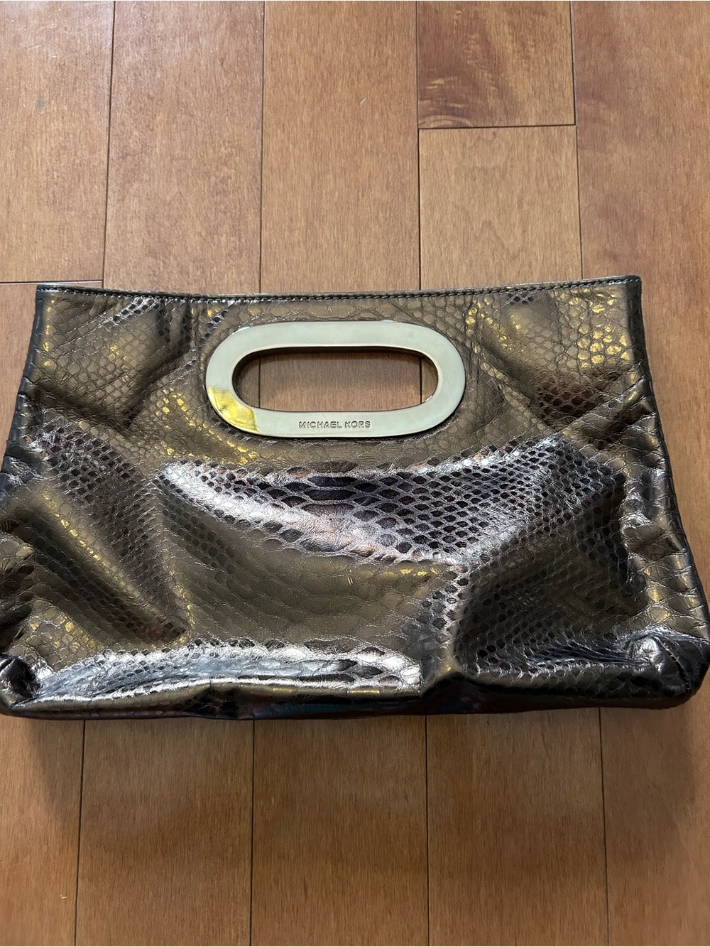 Michael Kors Metallic Black Python-Embossed Clutch with Gold Handle Detail